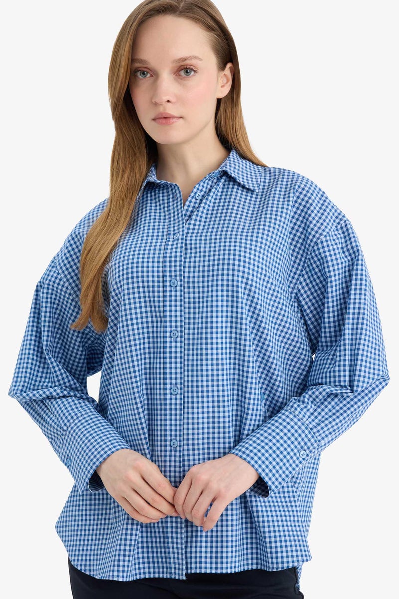 DeFacto Blue Woman Regular Fit Poplin Plaid Long Sleeve Tunic Casual - Image 3